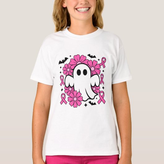 ピンクの花の幽霊　乳がん啓発 Tシャツ (正面)