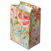 ピンクの花の庭の水彩画 ミディアムペーパーバッグ (裏面アングル)