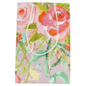 ピンクの花の庭の水彩画 ミディアムペーパーバッグ (裏面)