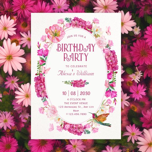 ピンクの花の庭の誕生日 招待状