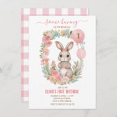 ピンクの花の庭何人かのバニーが1を回している 招待状 (正面/裏面)