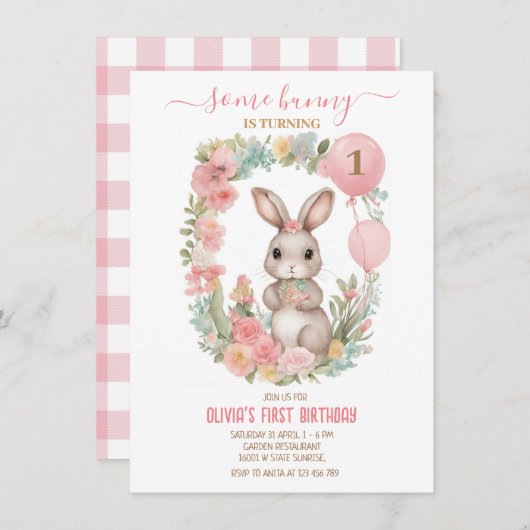 ピンクの花の庭何人かのバニーが1を回している 招待状 (正面/裏面)