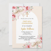 ピンクの花の弓のアーチの少女　初めての聖体拝領 招待状 (正面)