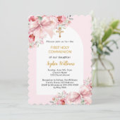ピンクの花の弓のアーチ ファーストコミュニオン 招待状 (スタンド正面)