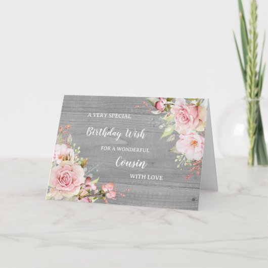 ピンクの花の従兄弟の誕生日カード カード (正面)