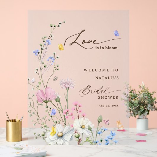 ピンクの花の愛が咲く ブライダルシャワー フロステッド アクリルサイン (ウェディング)