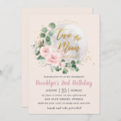 ピンクの花の愛してる月まで2歳の誕生日 招待状 (正面/裏面)