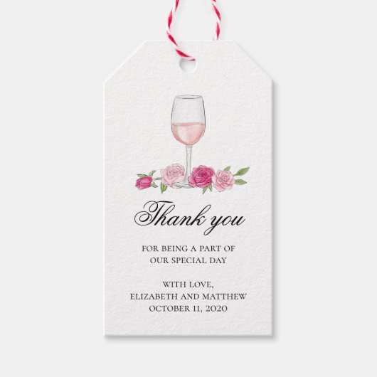 ピンクの花の感謝の気持ち ワイングラス バラの結婚式 ギフトタグ (正面)