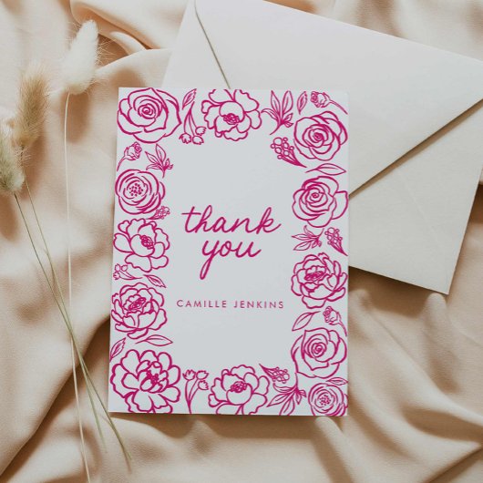 ピンクの花の手描きファンシーなお礼 サンキューカード