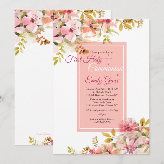 ピンクの花の招待状 招待状 (正面/裏面)