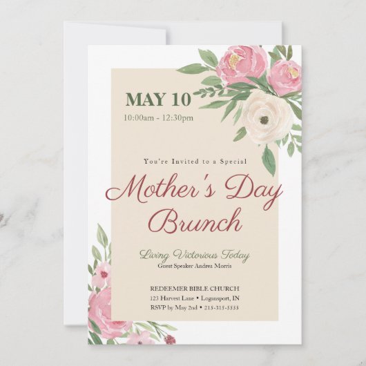 ピンクの花の教会 母の日の朝食 招待状 (正面)