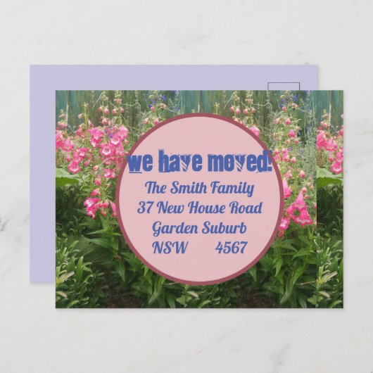 ピンクの花の新しい住所はがき私たちは移動している ポストカード (正面/裏面)