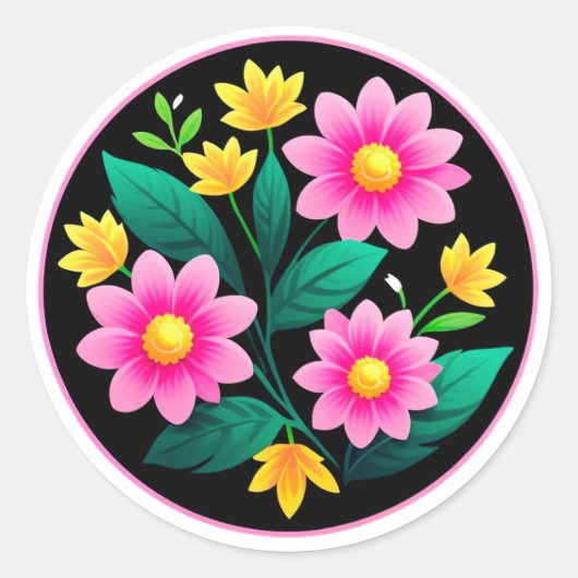 ピンクの花の明るい花輪 ラウンドシール (正面)