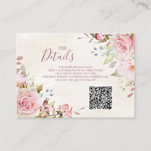 ピンクの花の春の結婚式QRコード詳細カード エンクロージャーカード (正面)