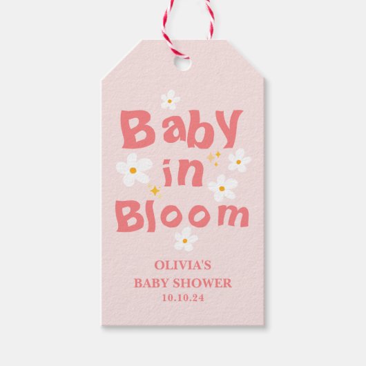 ピンクの花の春の赤ちゃんが咲く ベイビーシャワーのお favors ギフトタグ (正面)