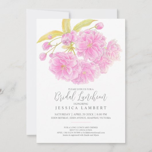 ピンクの花の春フローラブライダルランチのシャワー 招待状 (正面)