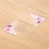 ピンクの花の最初の聖餐式 アクリル招待状 (レイダウン)