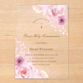 ピンクの花の最初の聖餐式 アクリル招待状 (正面)
