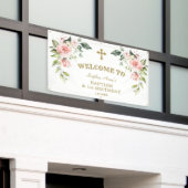 ピンクの花の最初の誕生日バプテスマ歓迎サイン 横断幕 (ビルの外側)