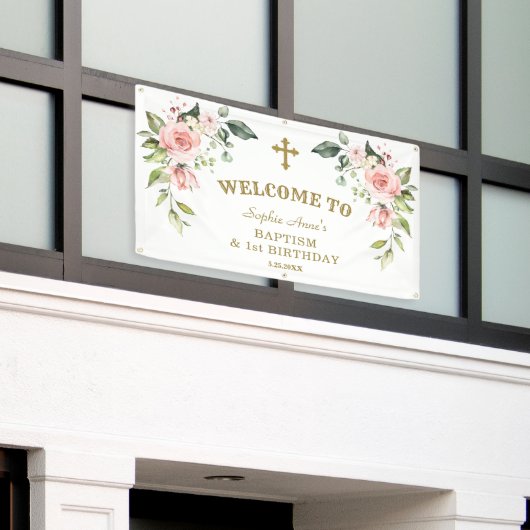 ピンクの花の最初の誕生日バプテスマ歓迎サイン 横断幕 (ビルの外側)