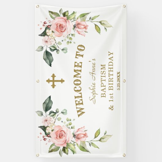 ピンクの花の最初の誕生日バプテスマ歓迎サイン 横断幕 (縦)