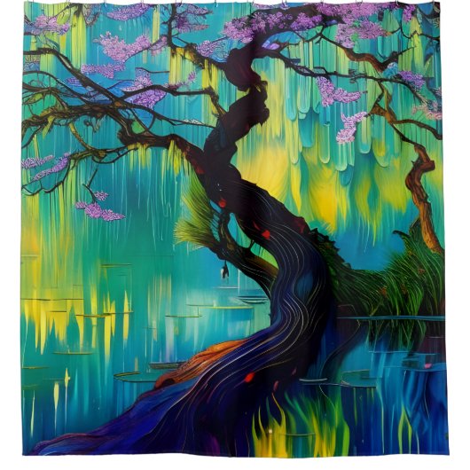 ピンクの花の木のターコイズ水 シャワーカーテン (正面)