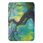 ピンクの花の木のターコイズ水 バスマット (正面縦)