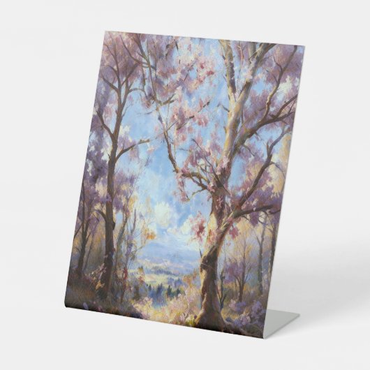 ピンクの花の木の壁飾り 台座サイン (正面)