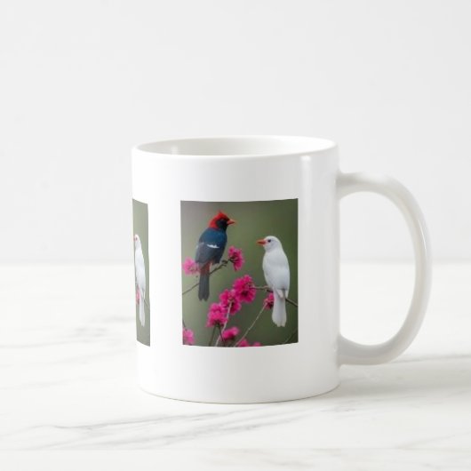 ピンクの花の枝に止まる赤と白の鳥のマグカップ コーヒーマグカップ (右)