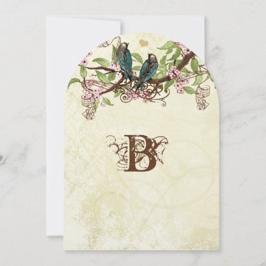 ピンクの花の枝 ヴィンテージ ティール ブルーの鳥 Save the Date 招待状 (裏面)