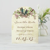 ピンクの花の枝 ヴィンテージ ティール ブルーの鳥 Save the Date 招待状 (スタンド正面)