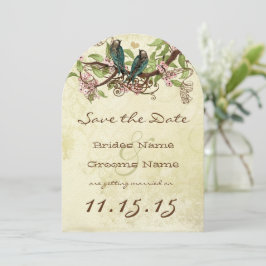 ピンクの花の枝 ヴィンテージ ティール 鳥 Save the Date 招待状