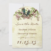 ピンクの花の枝 ヴィンテージ ティール 鳥 Save the Date 招待状 (正面)