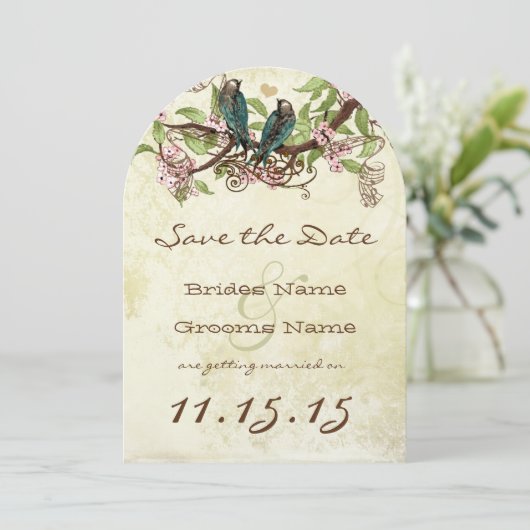 ピンクの花の枝 ヴィンテージ ティール 鳥 Save the Date 招待状 (スタンド正面)
