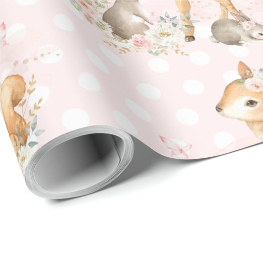 ピンクの花の森林ベビーシャワーの第1誕生日 ラッピングペーパー (ロールコーナー)