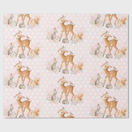 ピンクの花の森林ベビーシャワーの第1誕生日 ラッピングペーパー (フラット)
