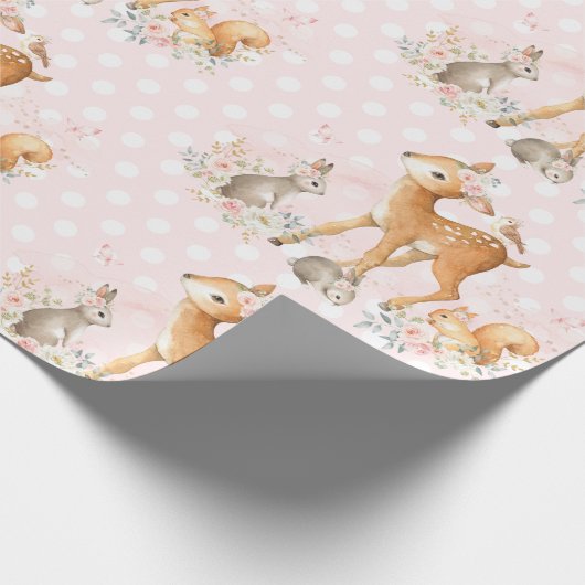 ピンクの花の森林ベビーシャワーの第1誕生日 ラッピングペーパー (角)