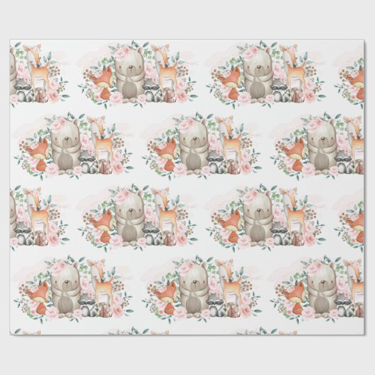 ピンクの花の森林ベビー動物の誕生日のシャワー ラッピングペーパー (フラット)