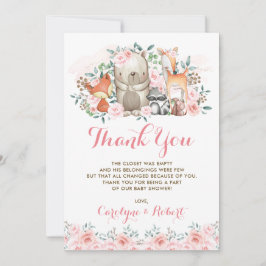 ピンクの花の森林動物のベビーシャワーの誕生日 サンキューカード