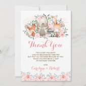 ピンクの花の森林動物のベビーシャワーの誕生日 サンキューカード (正面)