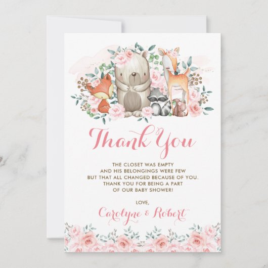ピンクの花の森林動物のベビーシャワーの誕生日 サンキューカード (正面)