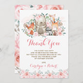 ピンクの花の森林動物のベビーシャワーの誕生日 サンキューカード (正面/裏面)