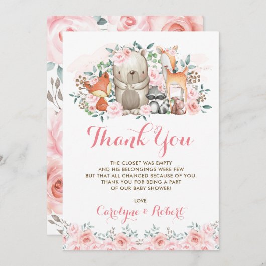 ピンクの花の森林動物のベビーシャワーの誕生日 サンキューカード (正面/裏面)
