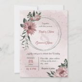 ピンクの花の植物学的な花輪のウェディング 招待状 (正面)