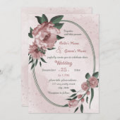 ピンクの花の植物幾何学結婚的な 招待状 (正面/裏面)