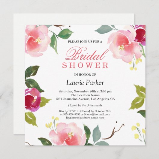 ピンクの花の植物性ブライダルシャワーの招待状 招待状 (正面/裏面)