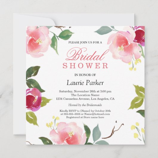 ピンクの花の植物性ブライダルシャワーの招待状 招待状 (正面)