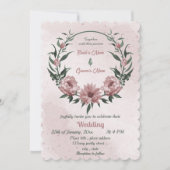 ピンクの花の植物性リース結婚ズ 招待状 (正面)