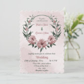 ピンクの花の植物性リース結婚ズ 招待状 (スタンド正面)