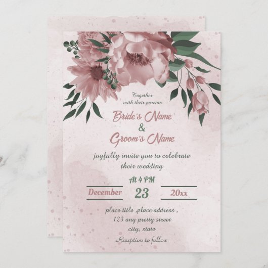 ピンクの花の植物性結婚植物 招待状 (正面/裏面)
